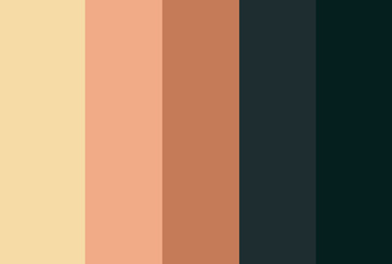 رنگ هلویی(Peach)+ رنگ قهوه‌ای بسیار روشن مایل به رنگ نارنجی یا زرد کم رنگ(Tumbleweed)+رنگ سبز تیره مایل به مشکی(Charleston Green)